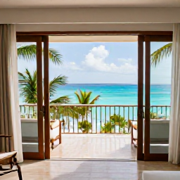 Caribbean Holidays, Luxury Solo Holidays, Elegant Caribbean resort suite with open doors leading to a private balcony and tropical sea view