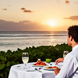 Caribbean Holidays, Luxury Solo Holidays, Solo traveller dining at a beachfront Caribbean restaurant at sunset, with fresh seafood and an elegant table setting