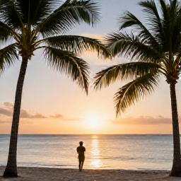 Caribbean Holidays, Luxury Solo Holidays, Solo traveller watching a Caribbean sunset from a quiet beach with palm trees and calm golden water