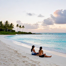 Caribbean Holidays, Luxury Spa Breaks, A couple relaxing on a quiet Caribbean beach near a luxury resort, with white sand, turquoise water, palm trees and soft morning light
