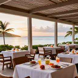 Caribbean Holidays, Luxury Spa Breaks, A stylish Caribbean beachfront restaurant at sunset with outdoor tables, fresh seafood dishes, tropical drinks and a relaxed elegant atmosphere