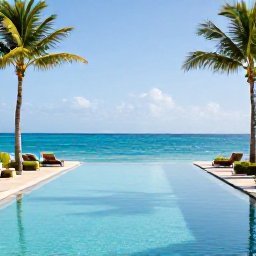 Caribbean Holidays, Luxury Spa Breaks, A tranquil luxury spa resort in the Caribbean with an infinity pool overlooking a calm turquoise sea, palm trees and comfortable sun loungers