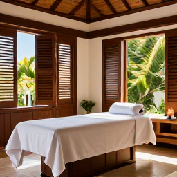 Caribbean Holidays, Luxury Spa Breaks, An elegant Caribbean spa treatment room with natural wood, soft towels, candles, tropical greenery and sunlight coming through open shutters