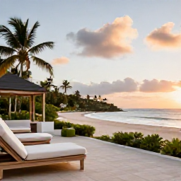 Caribbean Holidays, Luxury Trinidad February, Elegant luxury hotel terrace overlooking a tropical Caribbean beach at sunset in Tobago