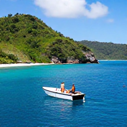 Caribbean Holidays, Luxury Trinidad Holidays, Couple enjoying a private boat trip along the Tobago coastline in October, clear blue water, green hills and secluded tropical cove