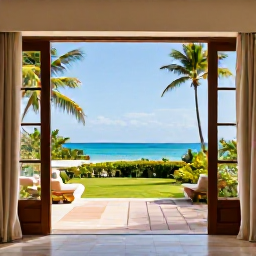Caribbean Holidays, Luxury Trinidad Holidays, Elegant luxury hotel suite in Trinidad and Tobago with open doors to a private terrace overlooking tropical gardens and the Caribbean Sea