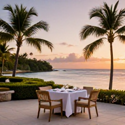 Caribbean Holidays, Luxury Trinidad Holidays, Elegant luxury hotel terrace overlooking a tropical Trinidad and Tobago coastline at sunset, with dining table and palm trees