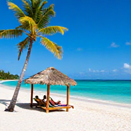 Caribbean Holidays, Luxury Trinidad Holidays, Golden Caribbean beach in Tobago with clear turquoise water, palm trees and a couple relaxing under a shaded cabana