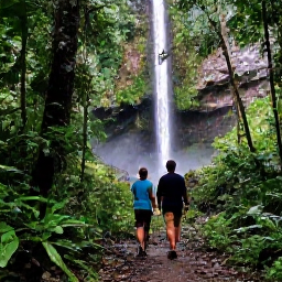 Caribbean Holidays, Luxury Trinidad Holidays, Lush Tobago rainforest with a guided couple walking along a shaded trail towards a waterfall