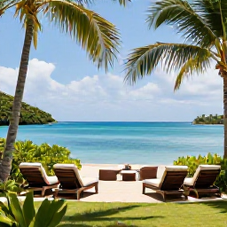Caribbean Holidays, Luxury Trinidad Holidays, Luxury beachfront resort in Trinidad and Tobago during August, with elegant loungers, tropical gardens and calm blue sea