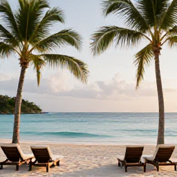 Caribbean Holidays, Luxury Trinidad Holidays, Luxury beachfront resort in Trinidad and Tobago during October, palm trees, calm turquoise sea, elegant sun loungers and warm Caribbean light