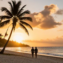 Caribbean Holidays, Luxury Trinidad Holidays, Luxury Caribbean holiday scene in Tobago at sunset, couple walking on a quiet beach, palm silhouettes and warm golden sky