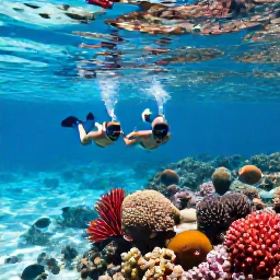 Caribbean Holidays, Luxury Turks and Caicos, A couple snorkelling above a colourful coral reef near Turks and Caicos, clear shallow water, tropical fish and sunny conditions