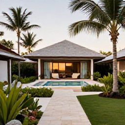 Caribbean Holidays, Luxury Turks and Caicos, A peaceful luxury spa beside a tropical garden in Turks and Caicos, natural textures, palms and a relaxed February afternoon atmosphere