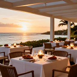 Caribbean Holidays, Luxury Turks and Caicos, An elegant open-air restaurant beside the sea in Providenciales, Turks and Caicos, sunset dining with fresh seafood and stylish table settings