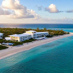 Caribbean Holidays, Luxury Turks Caicos, Aerial view of Grace Bay Beach in the Turks and Caicos Islands, clear turquoise water, white sand and a luxury beachfront resort in warm November sunshine