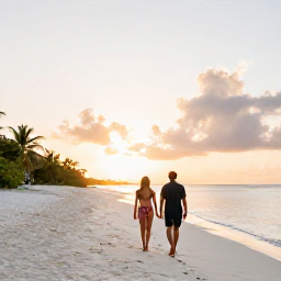 Caribbean Holidays, Luxury Turks Caicos, Couple walking along a quiet white-sand beach in the Turks and Caicos Islands at sunset, luxury holiday atmosphere