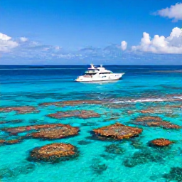 Caribbean Holidays, Luxury Turks Caicos, Luxury yacht cruising over bright coral reefs near Providenciales in the Turks and Caicos Islands, sunny November day
