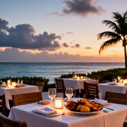 Caribbean Holidays, Luxury Turks Caicos, Relaxed evening at a beachfront restaurant in Turks and Caicos, fresh seafood, sunset sky and elegant outdoor dining