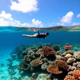 Caribbean Holidays, Luxury Turks Caicos, Travellers snorkelling above a colourful coral reef in the clear waters of Turks and Caicos, tropical fish and sunny August conditions