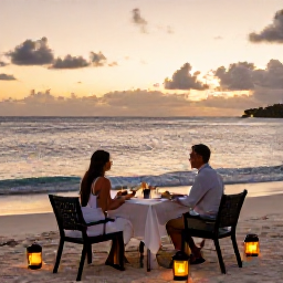 Caribbean Holidays, Luxury Virgin Islands, Couple enjoying a peaceful sunset dinner on a Caribbean beach, with lanterns, elegant table setting and gentle waves