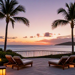 Caribbean Holidays, Luxury Virgin Islands, Elegant beachfront resort terrace at sunset on St Thomas, with comfortable loungers, palm trees and views across the Caribbean Sea
