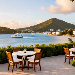 Caribbean Holidays, Luxury Virgin Islands, Elegant hotel terrace overlooking Charlotte Amalie harbour on St Thomas, yachts on blue water and hills beyond at golden hour