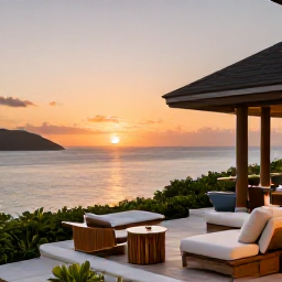 Caribbean Holidays, Luxury Virgin Islands, Luxury Caribbean sunset over the U.S. Virgin Islands, private villa terrace, calm sea, soft orange sky and elegant outdoor seating
