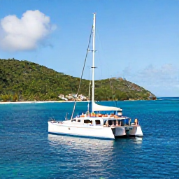 Caribbean Holidays, Luxury Virgin Islands, Luxury catamaran sailing through calm turquoise water between green Caribbean islands, with guests relaxing on deck