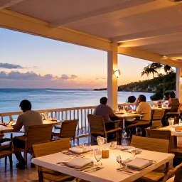 Caribbean Holidays, Luxury Virgin Islands, Refined beachfront restaurant on St Croix serving Caribbean-inspired cuisine, ocean view, warm evening light and relaxed diners
