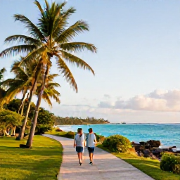 Caribbean Holidays, Luxury Walking Holidays, A couple walking along a quiet Caribbean coastal path with turquoise sea, palm trees and warm morning light