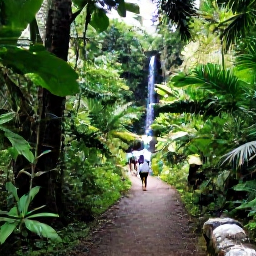 Caribbean Holidays, Luxury Walking Holidays, A scenic Caribbean rainforest trail with lush foliage, a small waterfall and walkers in the distance