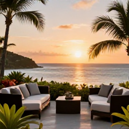 Caribbean Holidays, Luxury Walking Holidays, An elegant Caribbean boutique hotel terrace overlooking the sea at sunset, with comfortable seating and tropical planting