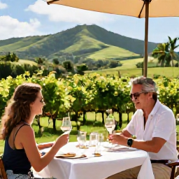 Caribbean Holidays, Luxury Wine Holidays, Couple touring a Caribbean vineyard or tropical estate, with scenic hills, palms and a guided tasting table