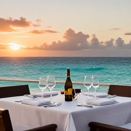 Caribbean Holidays, Luxury Wine Holidays, Elegant Caribbean resort terrace overlooking a turquoise sea, with wine glasses and a beautifully set table at sunset