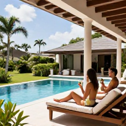 Caribbean Holidays, Luxury Wine Holidays, Luxury Caribbean villa with an infinity pool, lush gardens and a couple enjoying wine on a shaded veranda
