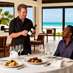 Caribbean Holidays, Luxury Wine Holidays, Private wine tasting in a sophisticated Caribbean dining room, with a sommelier presenting bottles beside local dishes