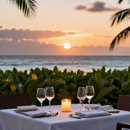 Caribbean Holidays, Luxury Wine Holidays, Romantic Caribbean sunset dining scene with a candlelit table, fine wine, tropical foliage and ocean views