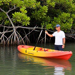 Caribbean Holidays, Mangrove Kayaking, A friendly local guide explaining mangrove ecology to visitors beside kayaks in a sheltered Caribbean lagoon