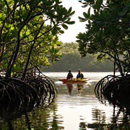 Caribbean Holidays, Mangrove Kayaking, A peaceful Caribbean mangrove lagoon at sunrise, with a small sea kayak gliding between green mangrove roots