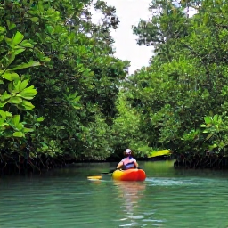 Caribbean Holidays, Mangrove Kayaking, Guided kayakers paddling through a tropical mangrove tunnel, surrounded by lush foliage and calm turquoise water