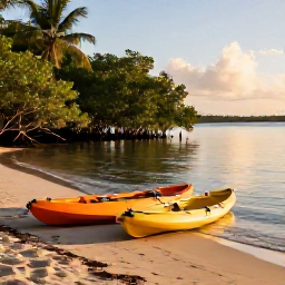 Caribbean Holidays, Mangrove Kayaking, Two kayaks resting on a quiet Caribbean beach beside a mangrove lagoon in warm late-afternoon light
