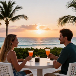 Caribbean Holidays, March Adults Only, Adults-only Caribbean resort terrace with sunset sea views, cocktails and a relaxed couple in March