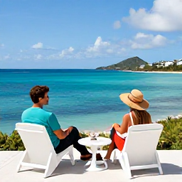 Caribbean Holidays, March Adults Only, Couple enjoying a calm adults-only resort terrace overlooking the Caribbean Sea in St Thomas, United States Virgin Islands