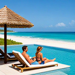 Caribbean Holidays, March Adults Only, Couple relaxing beside an adults-only infinity pool overlooking a bright Caribbean beach in the Dominican Republic in March