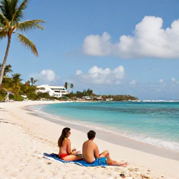 Caribbean Holidays, March Adults Only, Couple relaxing on a quiet sandy beach with turquoise water and palm trees on Saint Martin in March