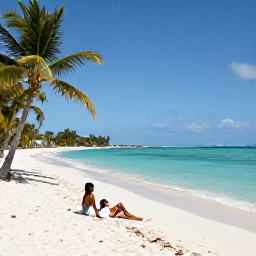 Caribbean Holidays, March Adults Only, Couple relaxing on a quiet white-sand beach at Grace Bay, Turks and Caicos, with palm trees and clear shallow water