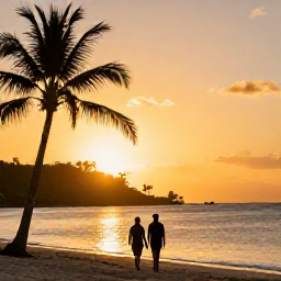 Caribbean Holidays, March Adults Only, Couple walking along a Caribbean beach at sunset, warm golden light, calm sea and palm silhouettes