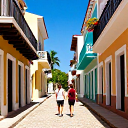 Caribbean Holidays, March Adults Only, Couple walking through a colourful historic street in Santo Domingo with colonial buildings and tropical sunshine