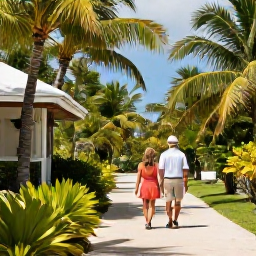 Caribbean Holidays, March Adults Only, Couple walking through a quiet tropical landscape on Providenciales, Turks and Caicos, with native plants and bright Caribbean sunshine